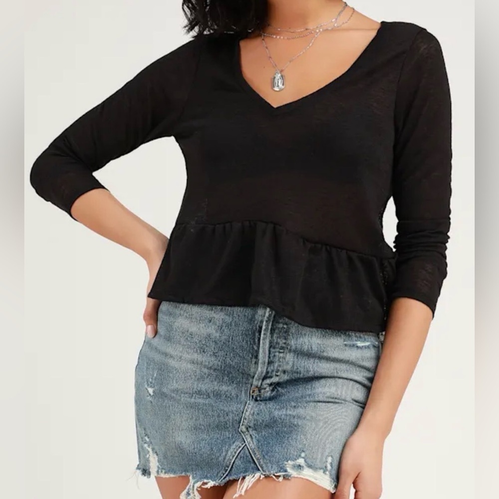 Lulus Lillie Black Long Sleeve Peplum Top size medium